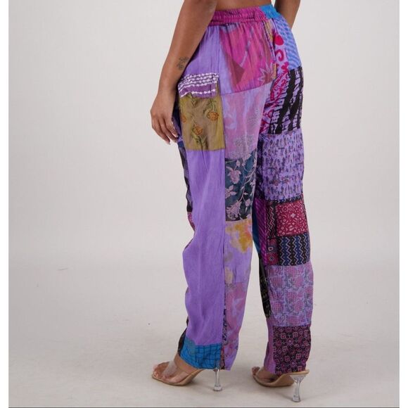 Ananta Patchwork Floral Multicolor Made in India Kantha Pull On Pants One Size - Picture 1 of 7